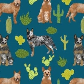 australian cattle dog fabric blue and red heelers cactus fabric - sapphire