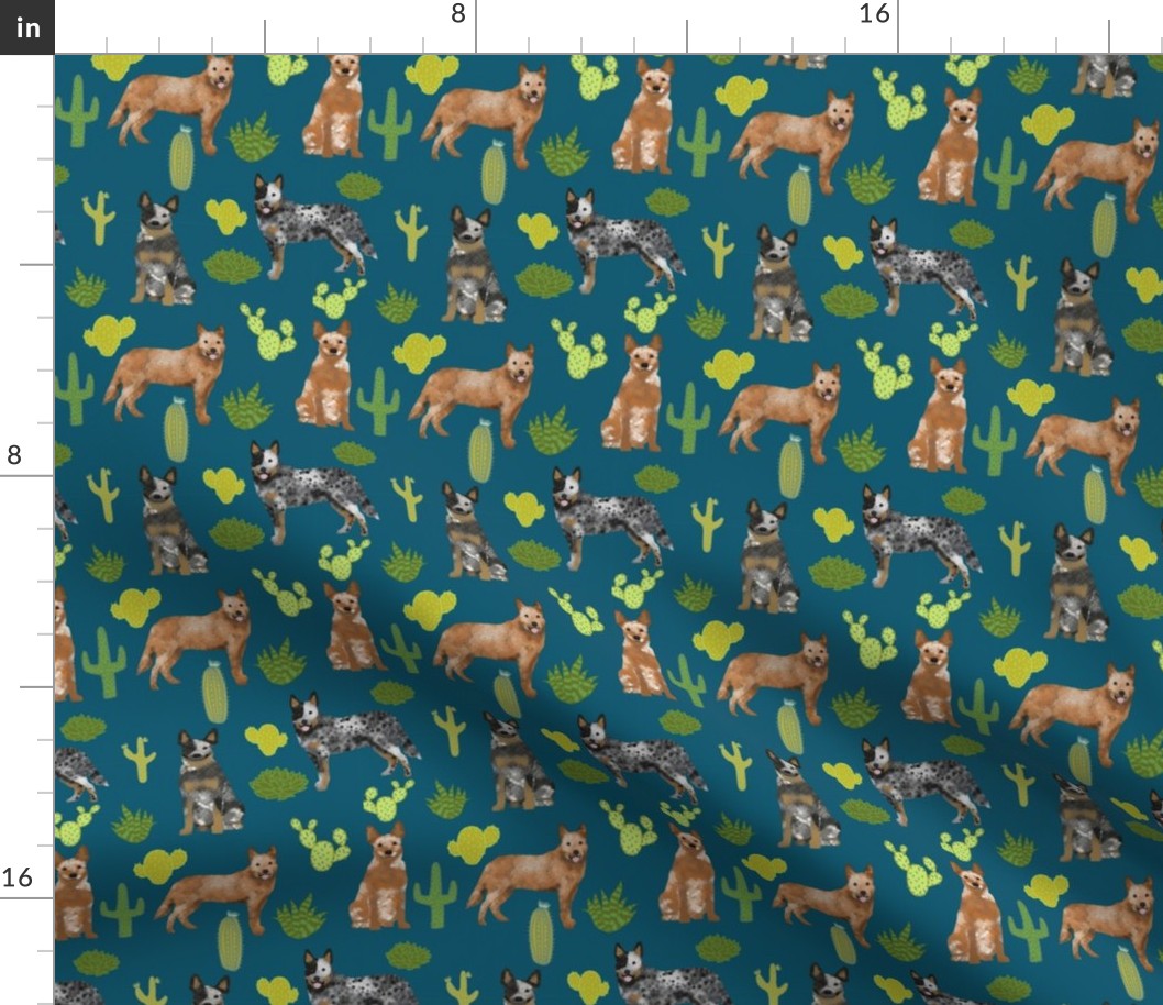 australian cattle dog fabric blue and red heelers cactus fabric - sapphire