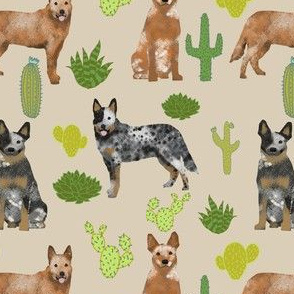 australian cattle dog fabric blue and red heelers cactus fabric - sand