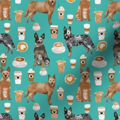 australian cattle dog fabric blue and red heelers and coffees fabric - turquoise