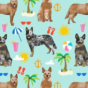 australian cattle dog fabric blue and red heelers and beach fabric - light blue