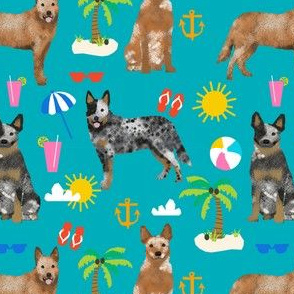 australian cattle dog fabric blue and red heelers and beach fabric - peacock blue