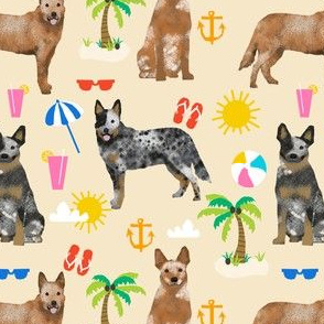australian cattle dog fabric blue and red heelers and beach fabric - cream
