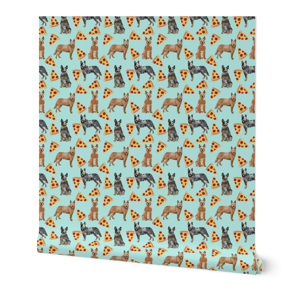 australian cattle dog fabric blue and red heelers and pizzas fabric - light blue