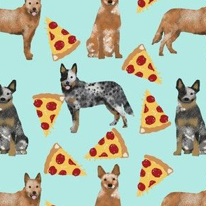 australian cattle dog fabric blue and red heelers and pizzas fabric - light blue
