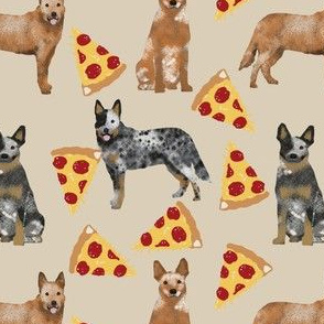 australian cattle dog fabric blue and red heelers and pizzas fabric - sand