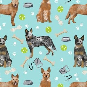 australian cattle dog fabric blue and red heelers and toys fabric - light blue