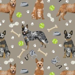 australian cattle dog fabric blue and red heelers and toys fabric - medium brown