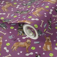 australian cattle dog fabric blue and red heelers and toys fabric - amethyst