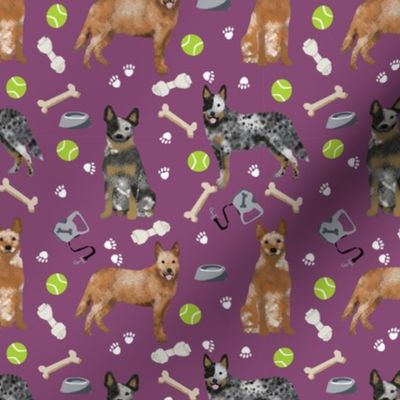 australian cattle dog fabric blue and red heelers and toys fabric - amethyst