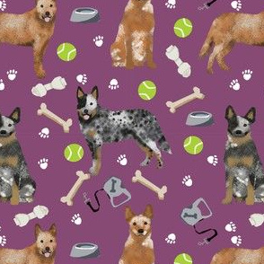 australian cattle dog fabric blue and red heelers and toys fabric - amethyst