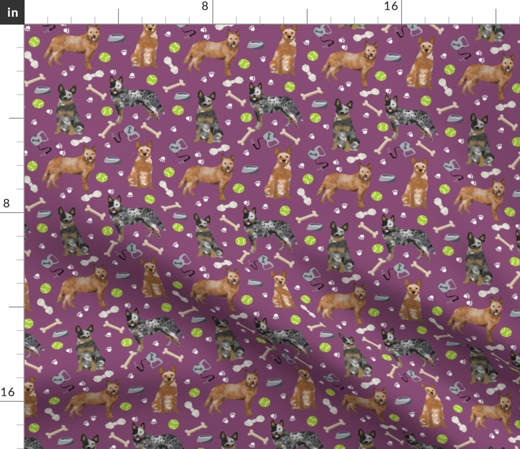 australian cattle dog fabric blue and red heelers and toys fabric - amethyst