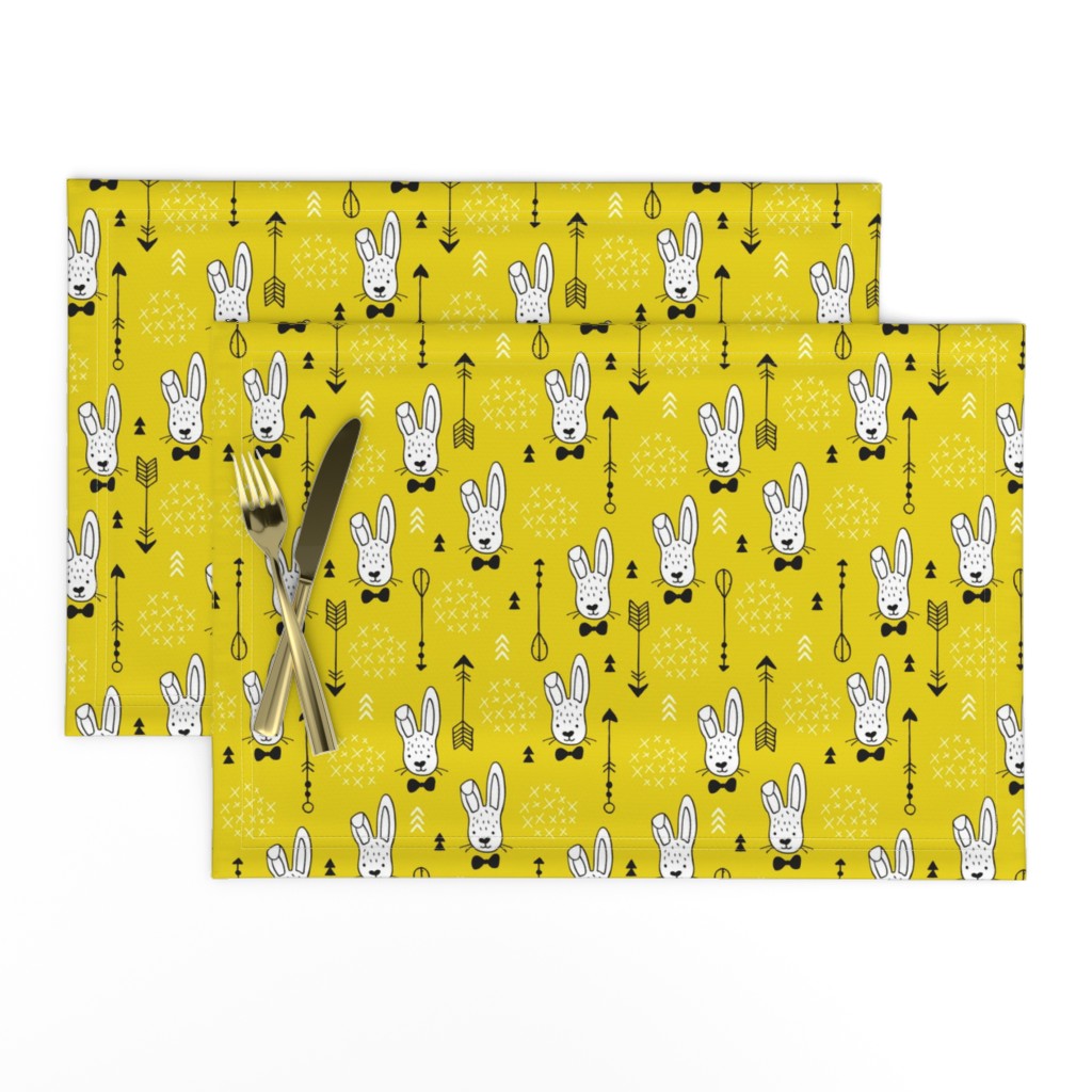 Cool hipster white bunny and geometric arrows spring easter design in gender neutral yellow