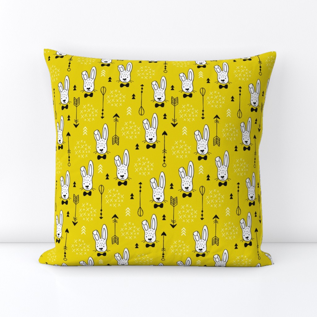 Cool hipster white bunny and geometric arrows spring easter design in gender neutral yellow