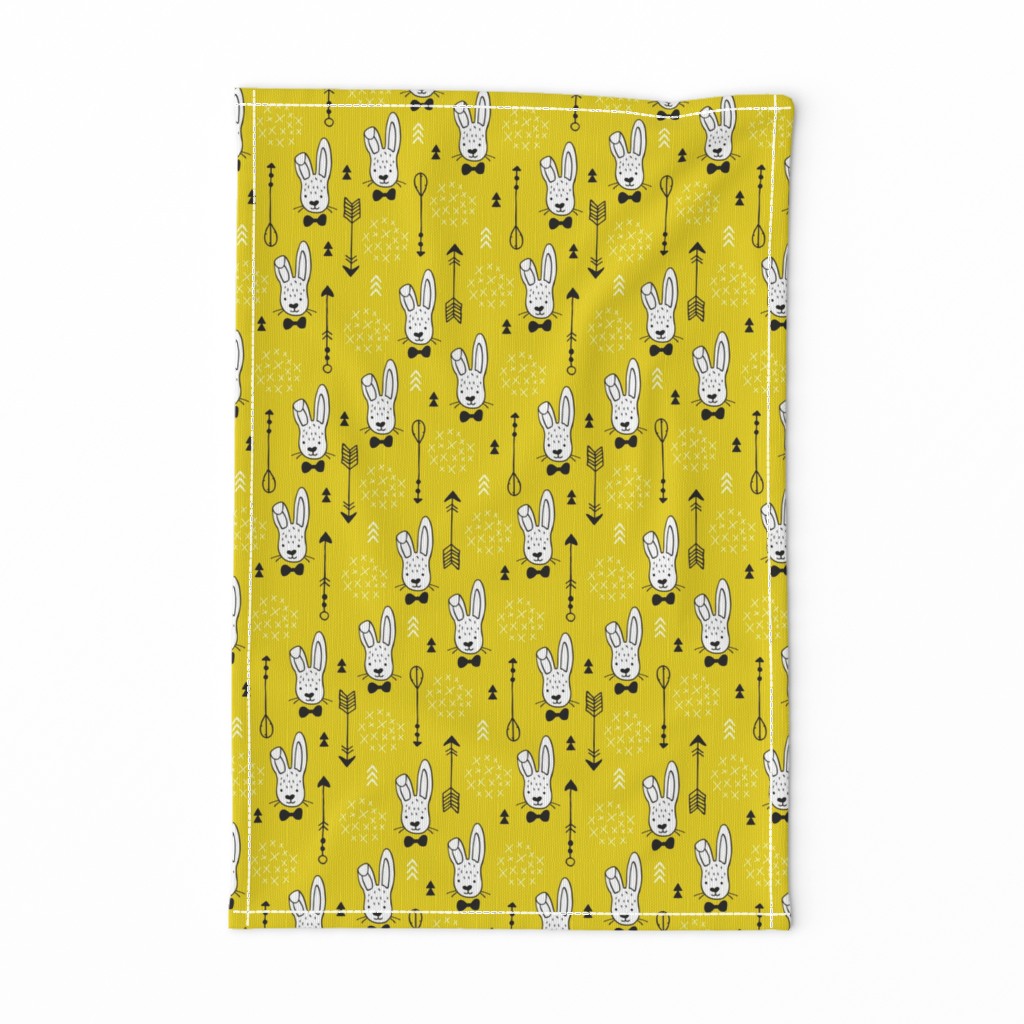 Cool hipster white bunny and geometric arrows spring easter design in gender neutral yellow