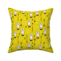 Cool hipster white bunny and geometric arrows spring easter design in gender neutral yellow