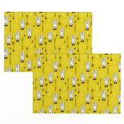 Cool hipster white bunny and geometric arrows spring easter design in gender neutral yellow