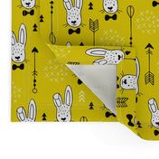 Cool hipster white bunny and geometric arrows spring easter design in gender neutral yellow