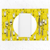 Cool hipster white bunny and geometric arrows spring easter design in gender neutral yellow