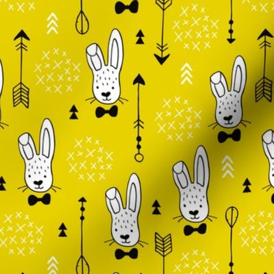 Cool hipster white bunny and geometric arrows spring easter design in gender neutral yellow