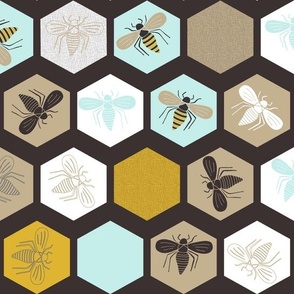 Honey Bee Hive || Yellow and Blue Leaves Honeycomb Inspired Print by Sarah Price 