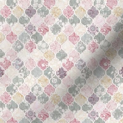 Tiny Dusky Rose, Cream and Grey Floral Moroccan Tiles