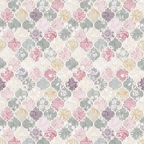 Tiny Dusky Rose, Cream and Grey Floral Moroccan Tiles