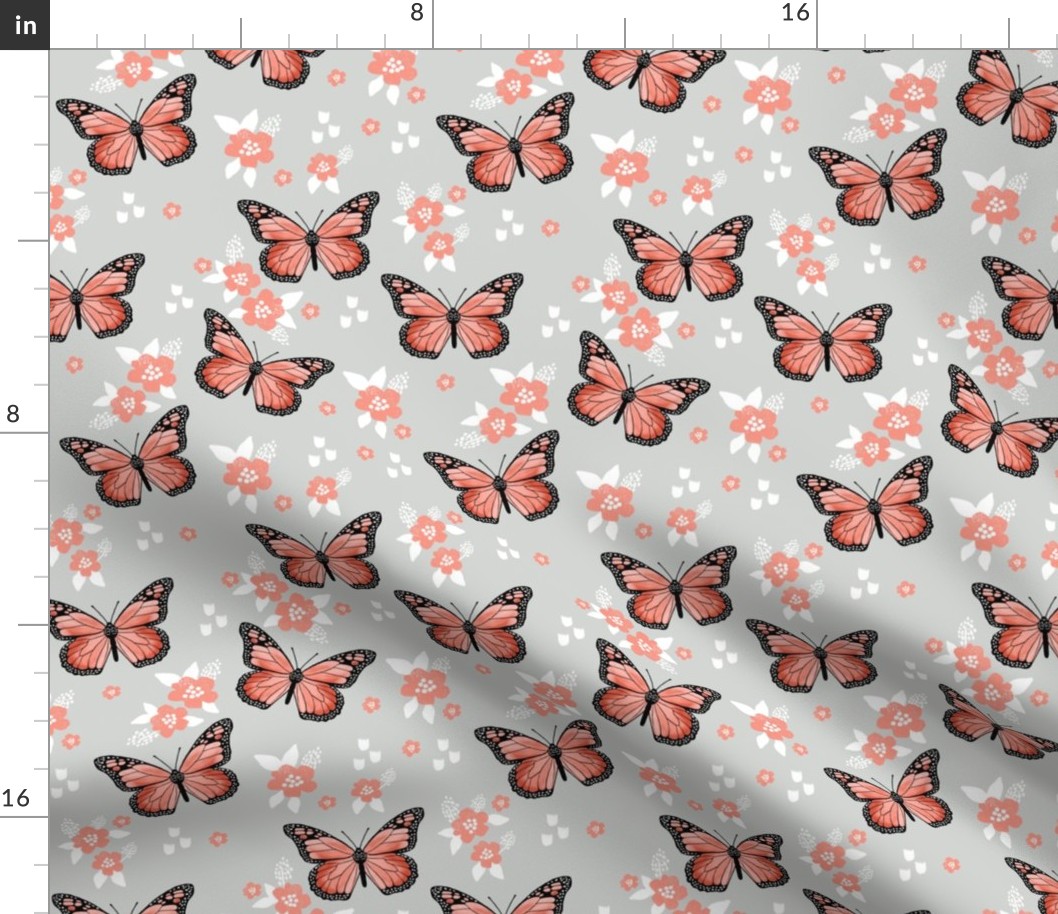 butterfly fabric // monarch butterflies spring florals design andrea lauren fabric - grey and orange