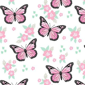 butterfly fabric // monarch butterflies spring florals design andrea lauren fabric - pink and white