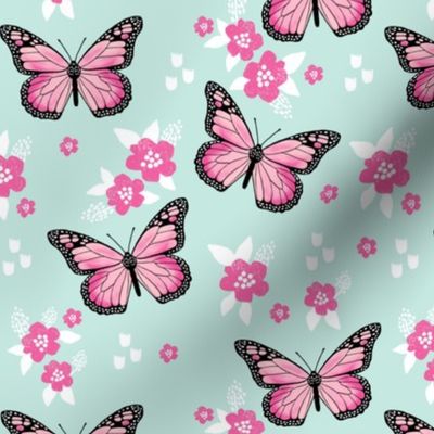 butterfly fabric // monarch butterflies spring florals design andrea lauren fabric - pink and mint