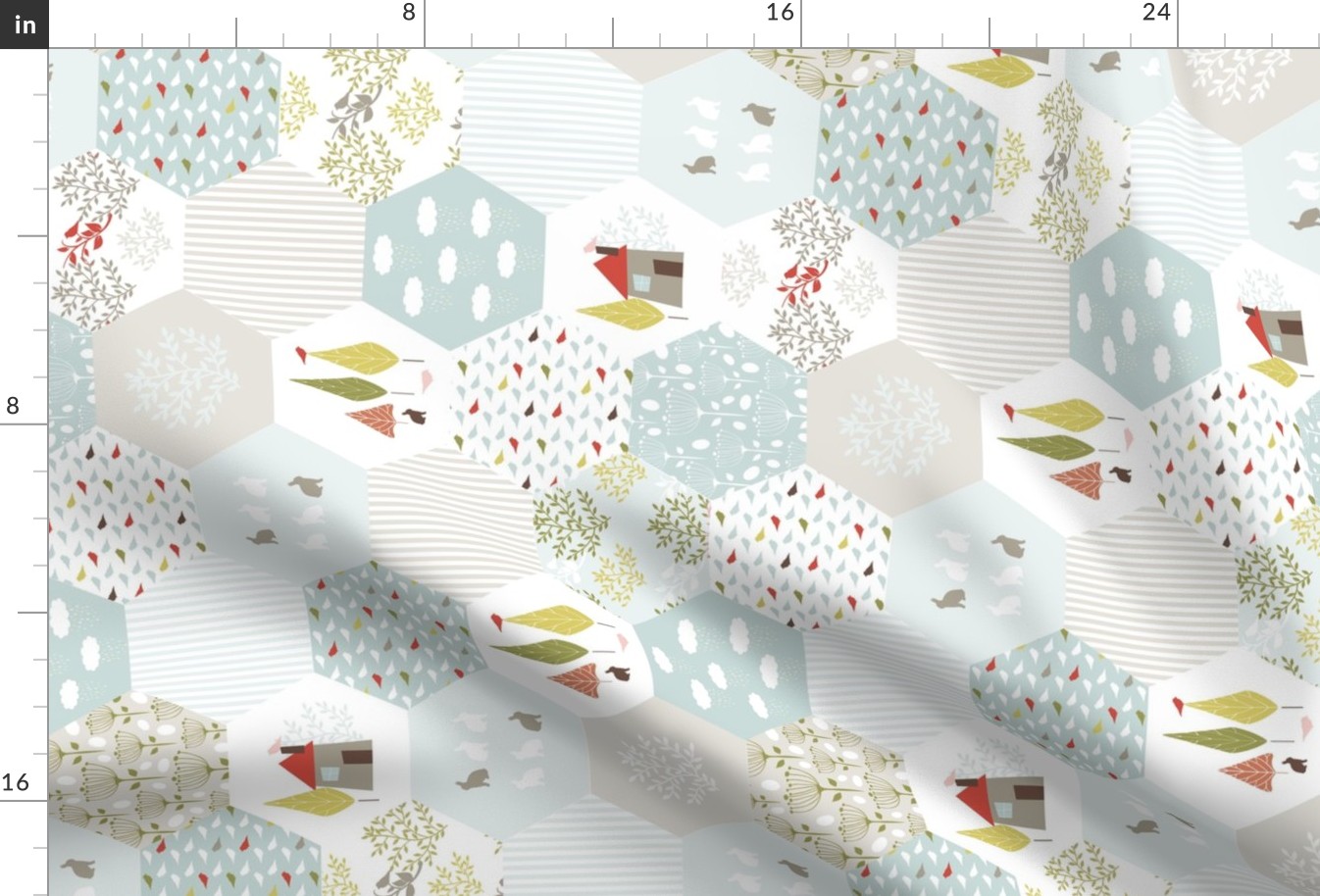 Cute hexagon baby blanket wholecloth quilt birds bunnies