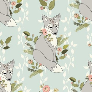 Flower Fox, Vine Bkgd - Pale Aqua