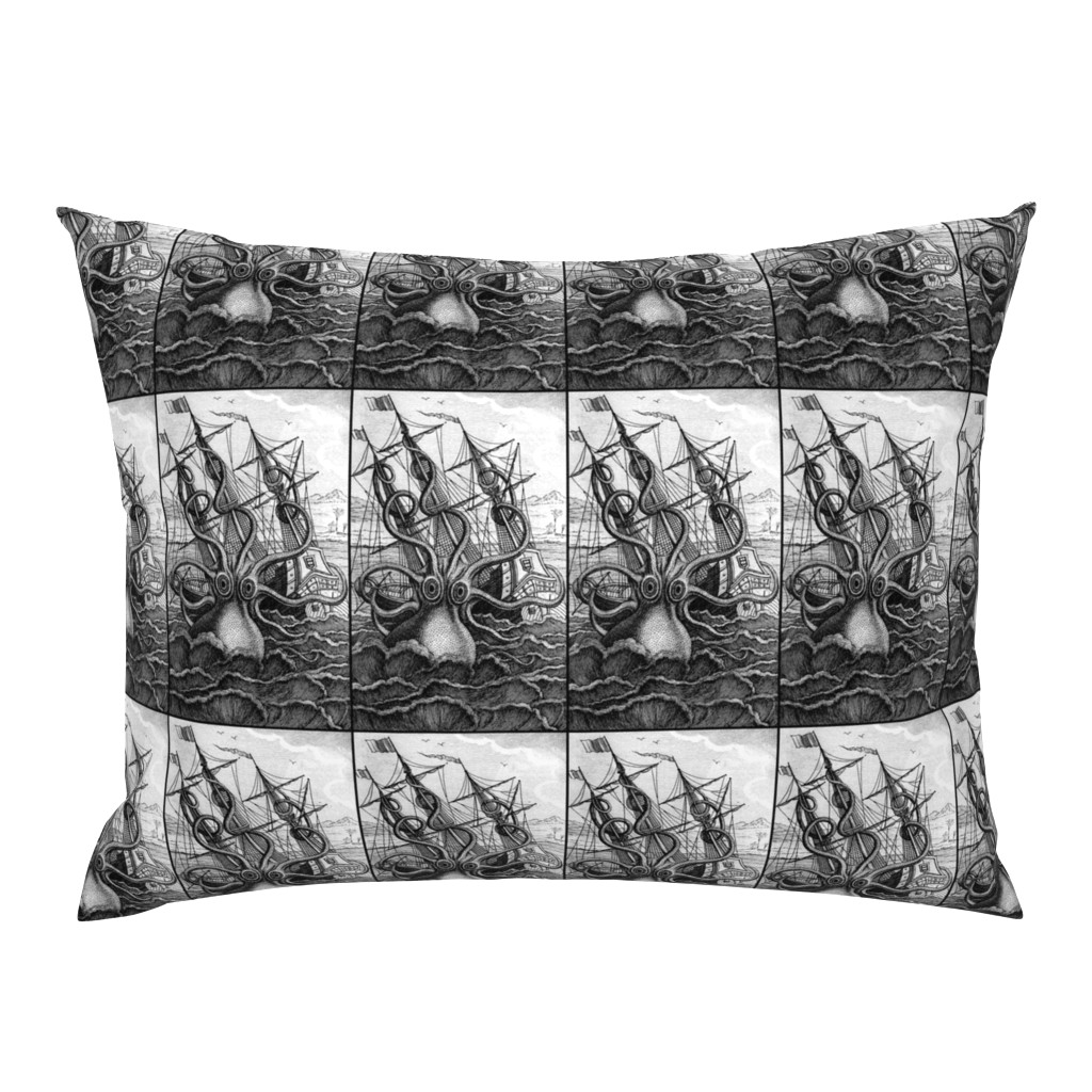 sailing boats ships nautical sea ocean waves yacht kraken monsters octopus squids animals birds trees mountains huts vintage antiques  monochrome black white