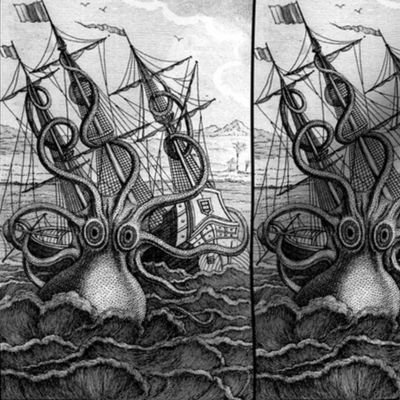 sailing boats ships nautical sea ocean waves yacht kraken monsters octopus squids animals birds trees mountains huts vintage antiques  monochrome black white