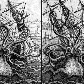 sailing boats ships nautical sea ocean waves yacht kraken monsters octopus squids animals birds trees mountains huts vintage antiques  monochrome black white