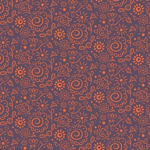 Wild_Floral_doodle_orange_on_lilac