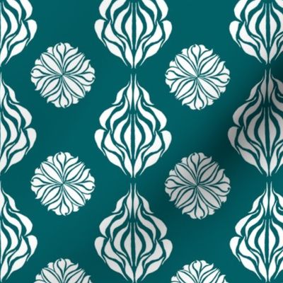 SINGAPORE FLORAL ABSTRACT Deep Teal and White 