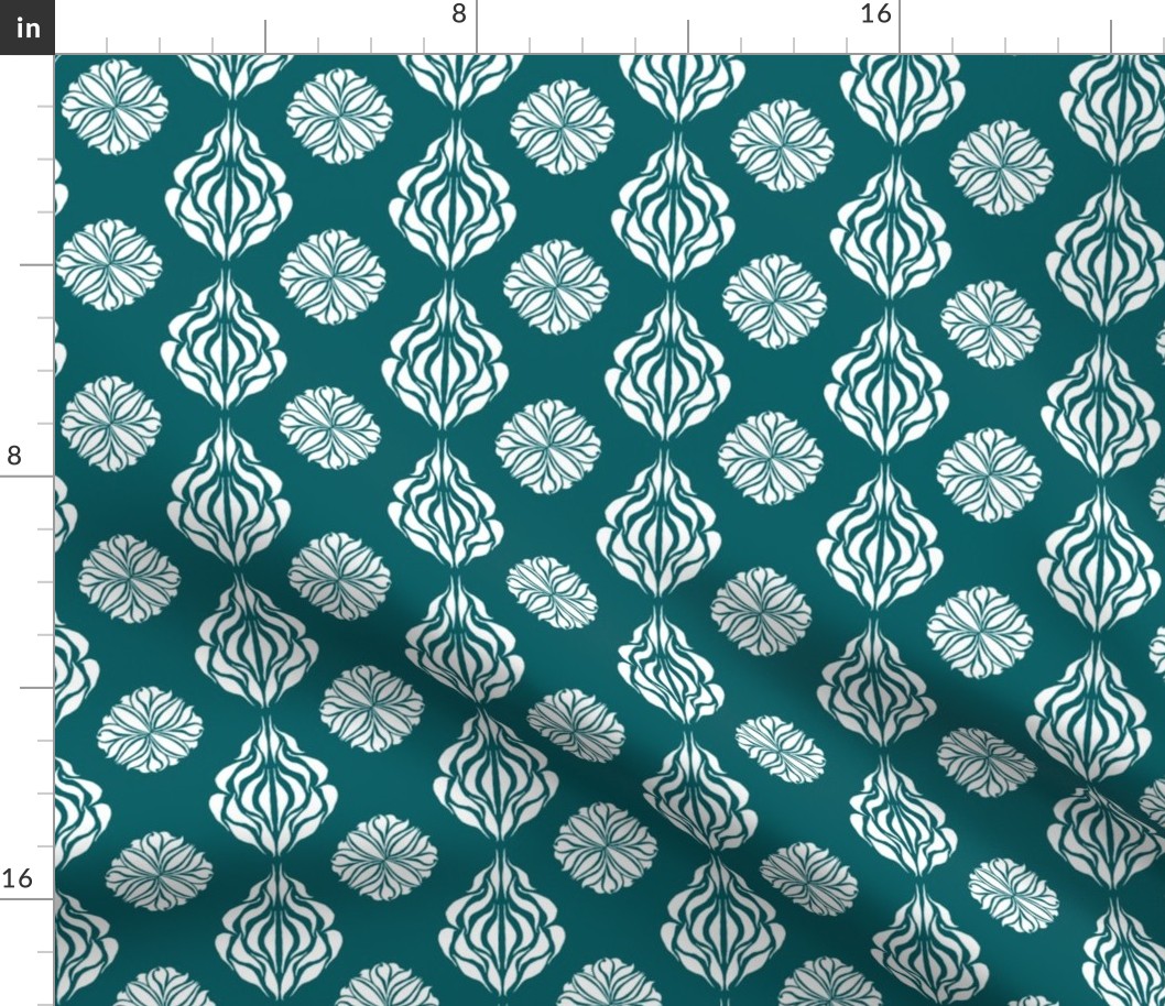 SINGAPORE FLORAL ABSTRACT Deep Teal and White 