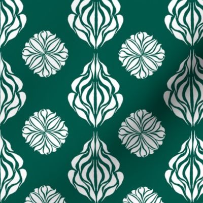 SINGAPORE FLORAL  ABSTRACT Forest Green and White