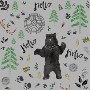 8" Hello Woodland Watercolor Bear - Dark Grey