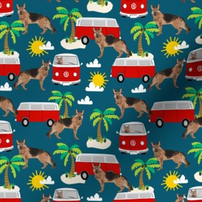 German Shepherd beach summer surfing dog fabric pattern sapphire