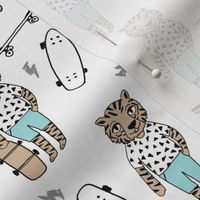 tiger skateboard fabric // skate kids boys fabric childrens illustration fabric andrea lauren - light blue