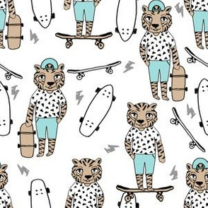 tiger skateboard fabric // skate kids boys fabric childrens illustration fabric andrea lauren - light blue