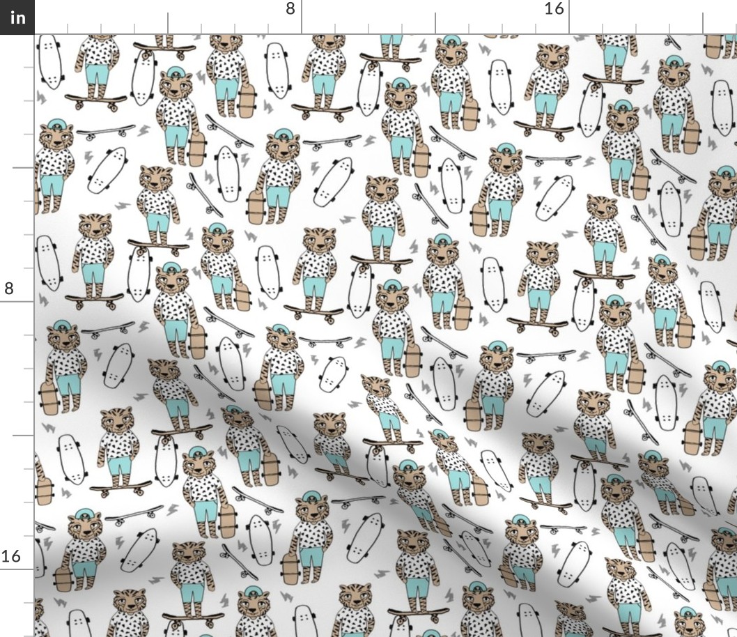 tiger skateboard fabric // skate kids boys fabric childrens illustration fabric andrea lauren - light blue