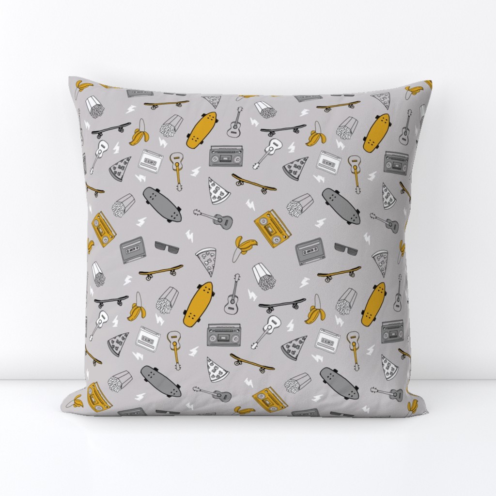 skateboard and pizza fabric // 90s 80s retro kids design by andrea lauren - mustard and grey