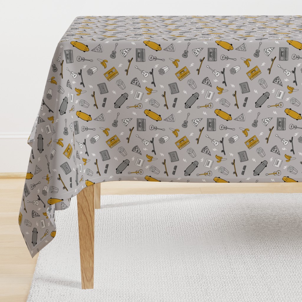 skateboard and pizza fabric // 90s 80s retro kids design by andrea lauren - mustard and grey