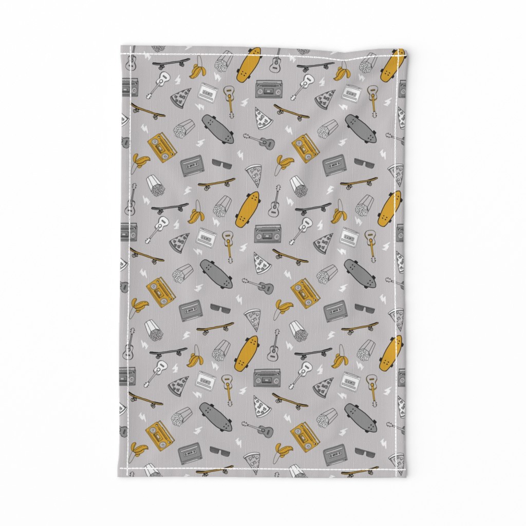 skateboard and pizza fabric // 90s 80s retro kids design by andrea lauren - mustard and grey