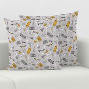 skateboard and pizza fabric // 90s 80s retro kids design by andrea lauren - mustard and grey