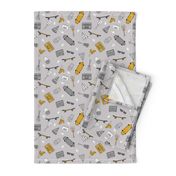 skateboard and pizza fabric // 90s 80s retro kids design by andrea lauren - mustard and grey