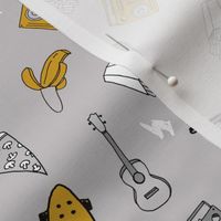 skateboard and pizza fabric // 90s 80s retro kids design by andrea lauren - mustard and grey